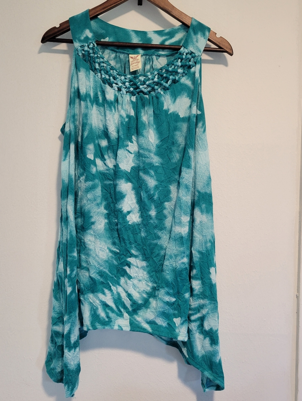 Women's Sleeveless Top with Braided Neckline, Sharkbite Hem, Teal Tie Dye, 1X